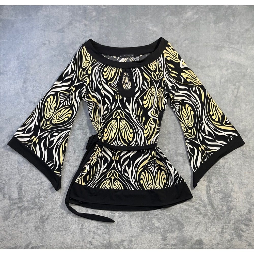Apostrophe Women XL Damask Tunic Top Black Yellow Bell Sleeve Keyhole